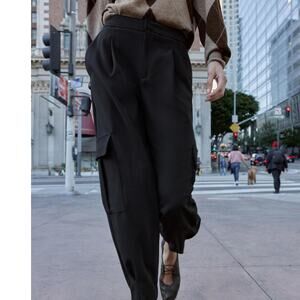 Zara Cargo Pullon Elastic Waist Ankle Jogger Pants Utility Pockets Small Black